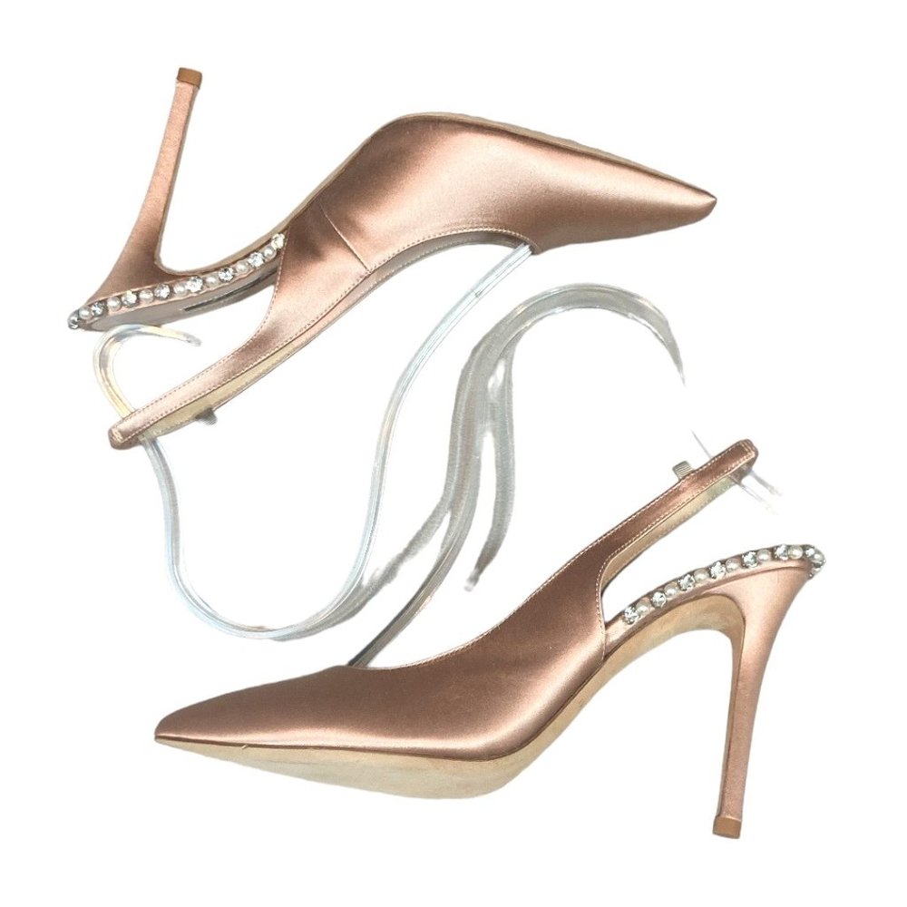 SJP by Sarah Jessica Parker Cy Pointed Toe Slingback Heel Nude Satin $495 - Picture 5 of 10